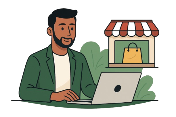 Entrepreneur with laptop and store